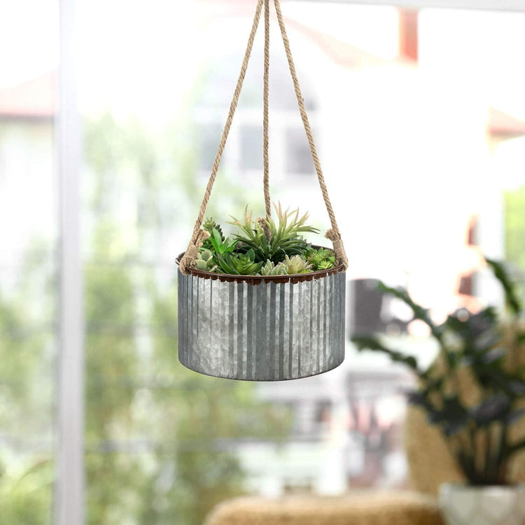 10-Inch Galvanized Silver Metal Hanging Planter with Thick Jute Rope-MyGift