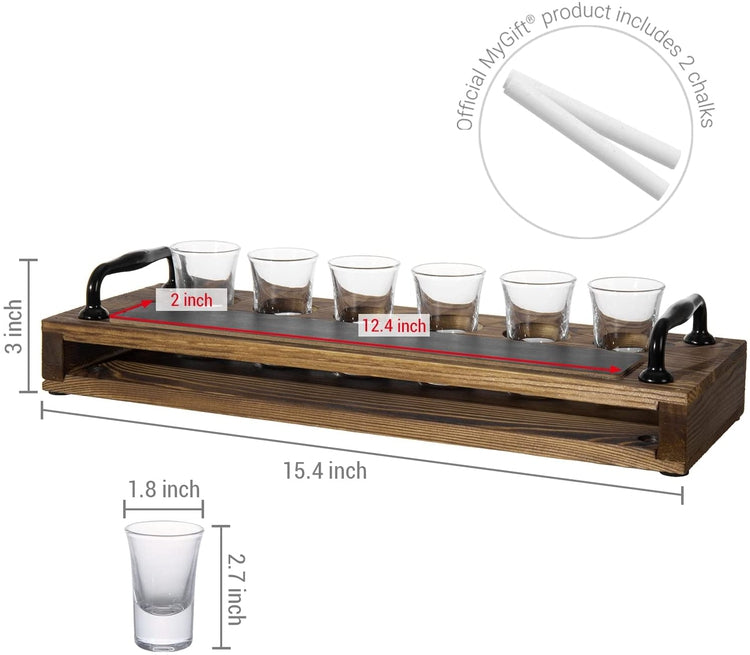 Tequila Shot Glass Liquor Flight Tasting Set Includes Burnt Wood Serving Tray with Chalkboard Panel and 6 Shot Glasses-MyGift