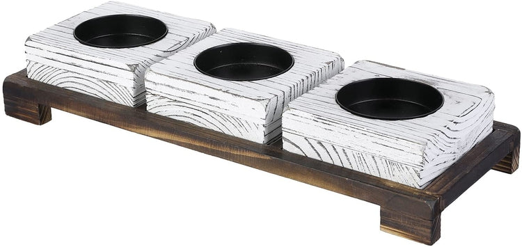 4 Piece, Candle Centerpiece with Whitewashed Wood and Matte Black Metal Pillar Candleholder Set with Burnt Wood Tray-MyGift