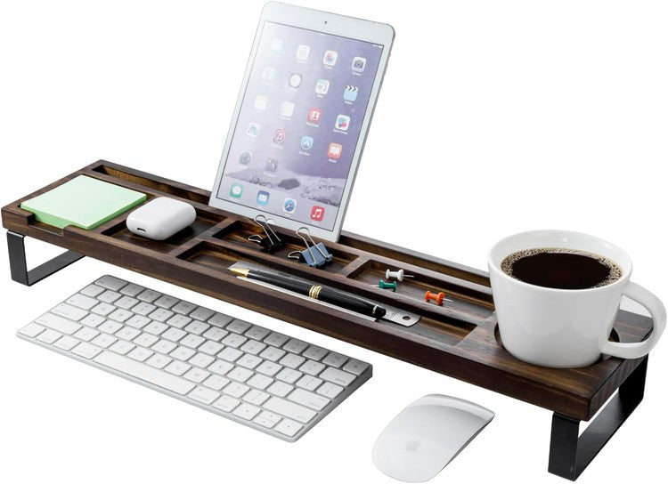 Desktop Storage Organizer, Burnt Wood Over Keyboard Office Desk Flow Tray with Black Metal Legs and Mug Holder-MyGift