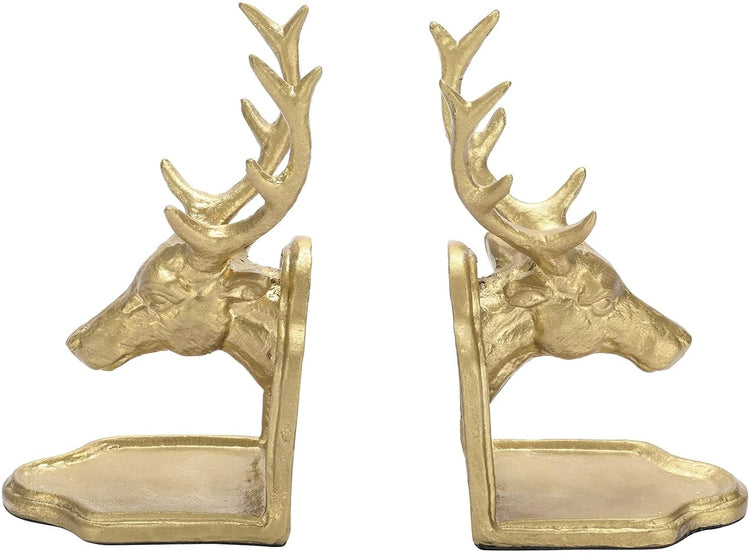 2 Piece Set, Brass Tone Stag Elk Bust Deer Head Cast Iron Decorative Bookends-MyGift