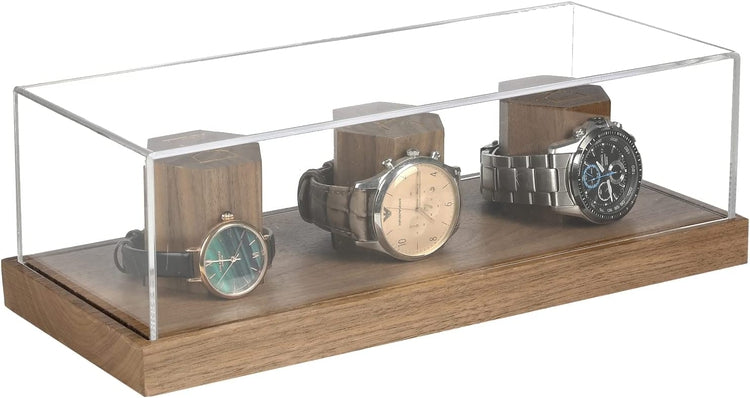 Wristwatch Display Case, Walnut Wood Tabletop Watch Storage with Wooden Pedestal Risers and Clear Acrylic Lid-MyGift