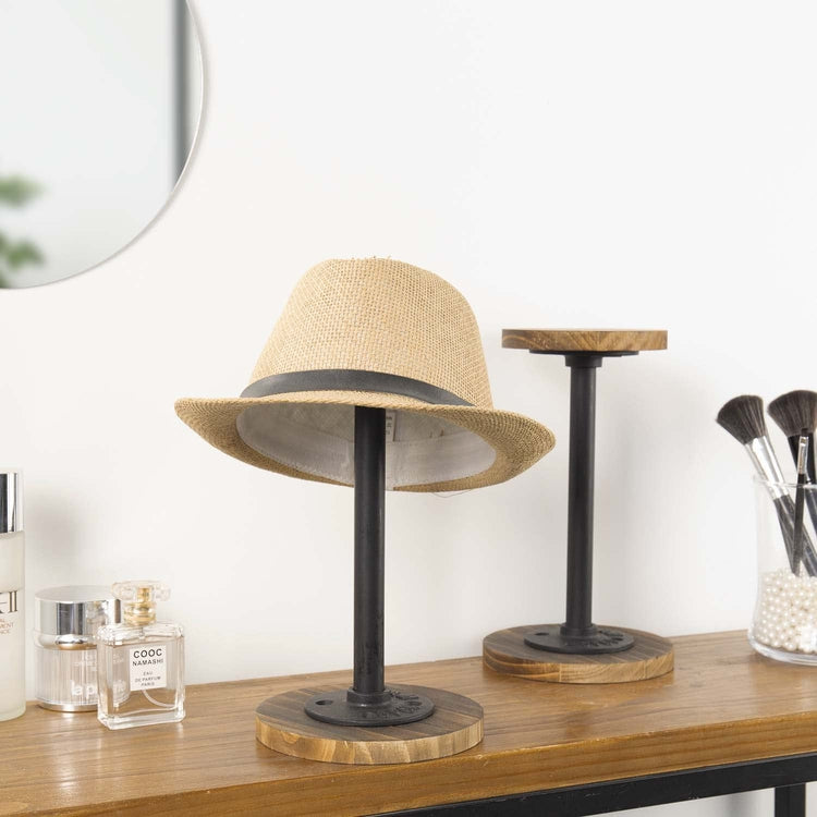 Set of 4, Burnt Wood and Black Metal Pipe Hat Rack Stand, Wig Holder Stand, Tabletop Display Stand, Jewelry Pedestal-MyGift