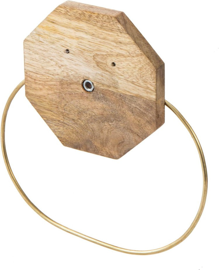 Wall Mounted Brass Oval Wire Towel Ring with Mango Wood Backing, Towel Holder for Kitchen-MyGift