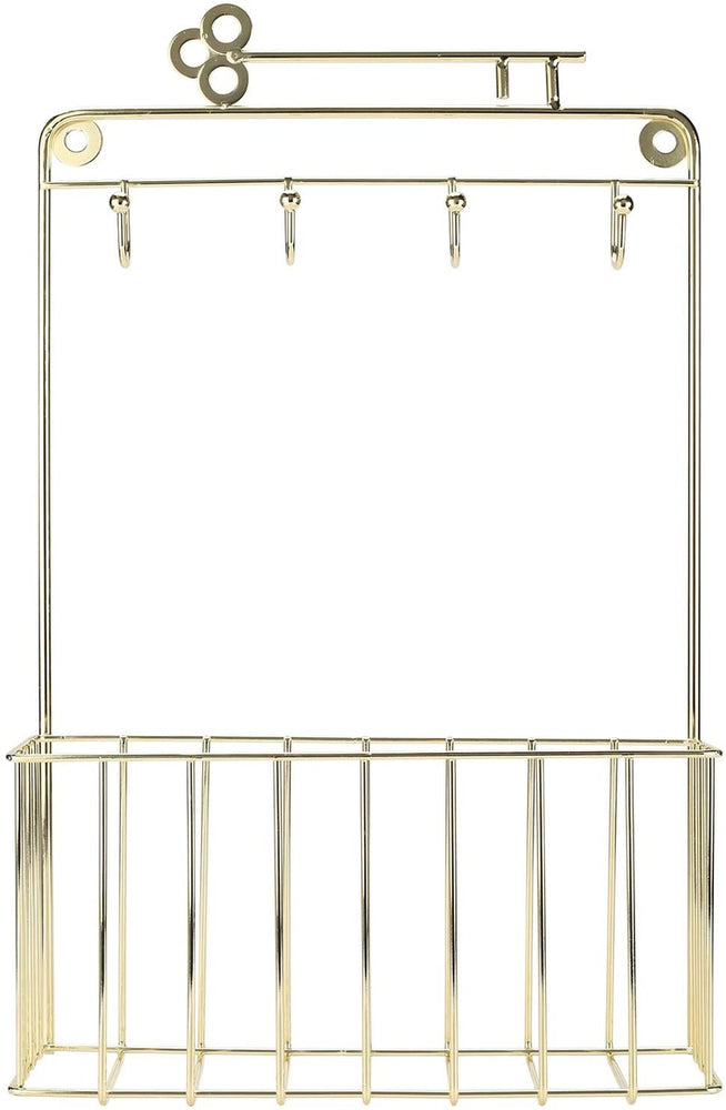 Brass Plated Metal Entryway Organizer Rack with 4 Key Hooks, Wall Mounted Mail Sorter-MyGift