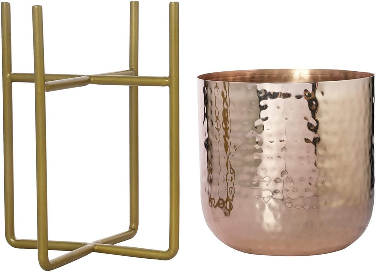 Textured Pattern Copper Tone Metal Flower Pots, Planters With Bracket-MyGift