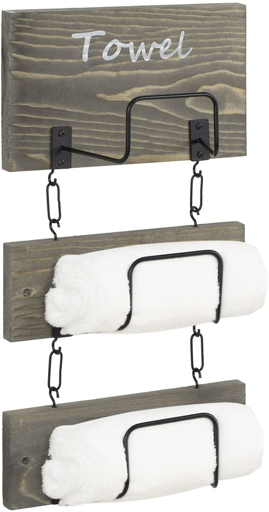 Wall Mounted Rolled Hand Towel Holders, 3-Tier Gray Wood Black Metal Wire Hanging Bathroom Organizer Shelf, Towel Sign-MyGift