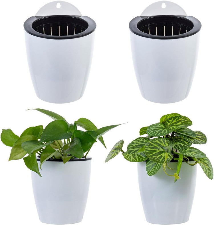 Set of 4, Wall Mounted White Plastic Self Watering Planter Pots, Small Hanging Double Layer Wall Planter-MyGift