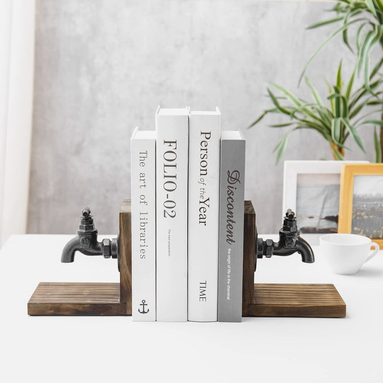 Industrial Style Decorative Bookends for Heavy Books with Cast Iron Faucet Spigot Design and Burnt Wood-MyGift