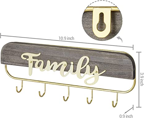 Wall Mounted Key Hooks with Family Word Cutout, Key Holder with Weathered Gray Wood and Brass Tone Metal Wire-MyGift