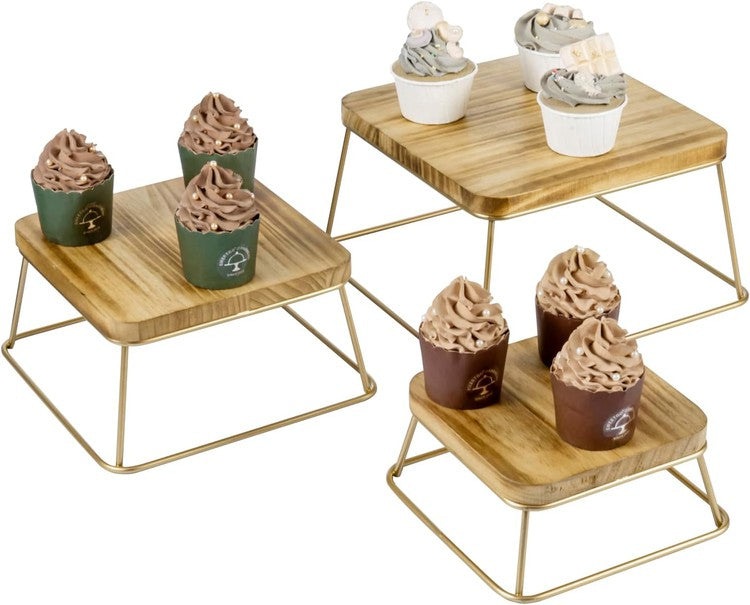Set of 3, Dessert Risers, Large Burnt Wood and Gold Tone Metal Wire Sq ...