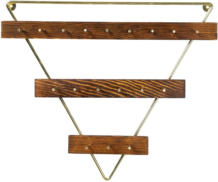 3-Tier Brass Metal and Burnt Wood Triangular Wall Mounted Jewelry Organizer Rack, Necklace Hanger-MyGift