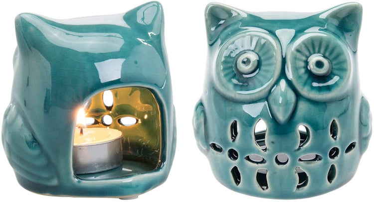Teal Ceramic Owl Design Decorative Tealight Candle Holders, Set of 2-MyGift