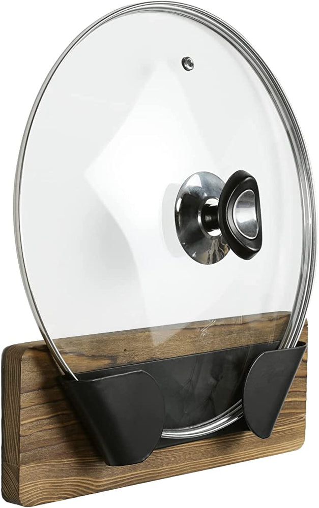 Set of 2 Wall Mounted Pot Lid Holder, Wood & Matte Black Metal Cabinet Door Cookware Lid Organizer Rack-MyGift
