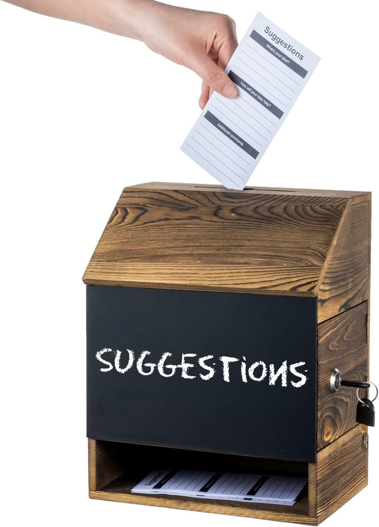 Wall Mountable Burnt Wood Comment Box with Chalkboard Surface, Lock, a ...