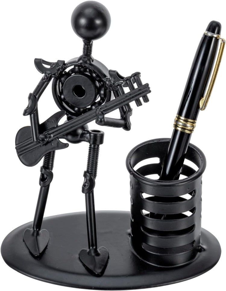 Black Metal Pen Pencil Cup with Nuts and Bolts Stick Figure Guitar Rocker Design, Decorative Desk Pencil Holder-MyGift