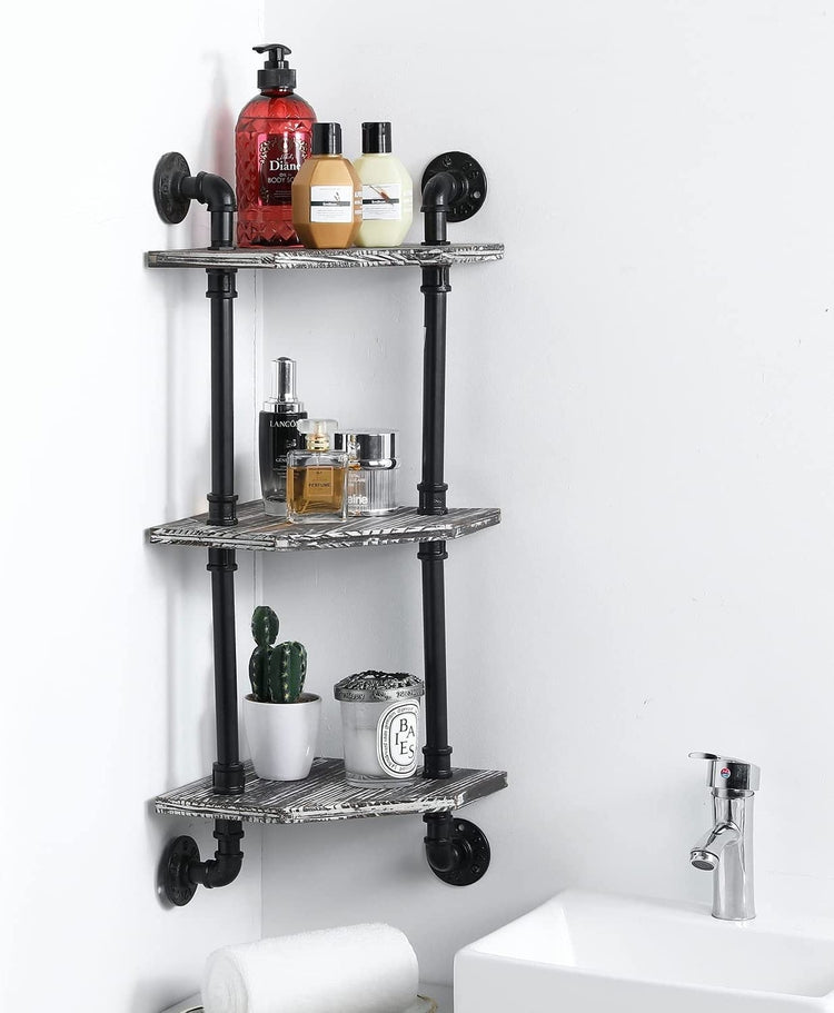 Wall Mounted Corner Shelving Unit, Tiered Torched Wood Display Shelves with Industrial Metal Pipe Frame-MyGift