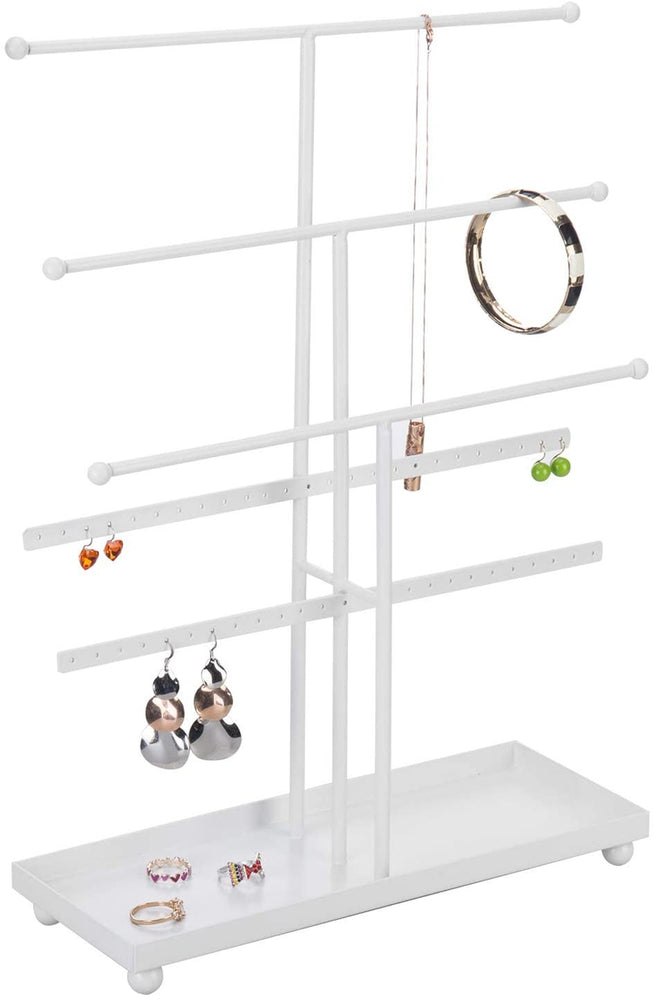 5-Bar White Metal Jewelry Organizer with Ring Tray, Tabletop Necklace & Bracelet Holder Stand-MyGift