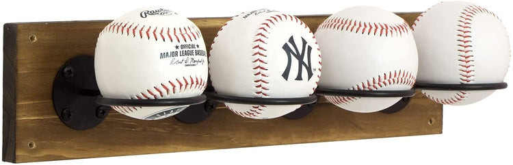 Baseball Holders for Ball Display Rack, Burnt Wood and Matte Black Metal Wire Wall Mounted Ball Storage-MyGift