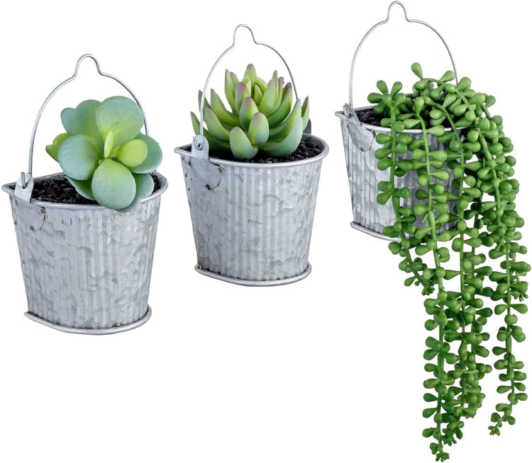 Set of 4, Magnetic Assorted Artificial Mini Succulent Plants in Galvanized Corrugated Metal Planter Buckets-MyGift