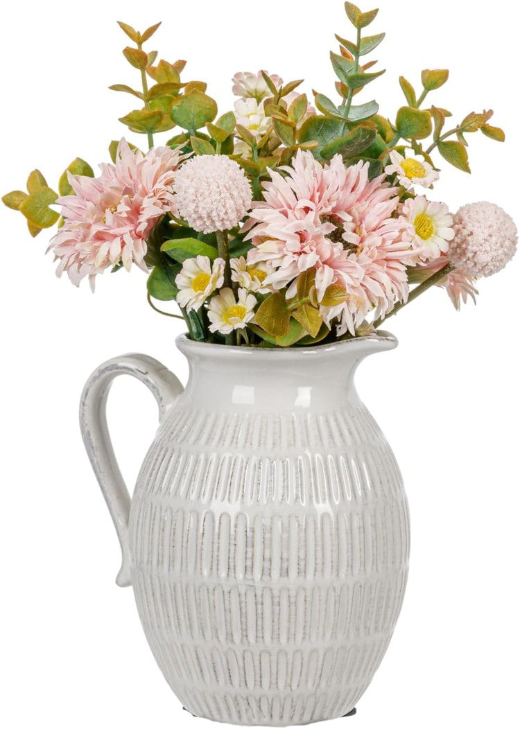 Small Jug Flower Vase, Off-White Vertical Ribbed Ceramic Tabletop Decorative Pitcher, Floral Arrangement Planter Vase-MyGift