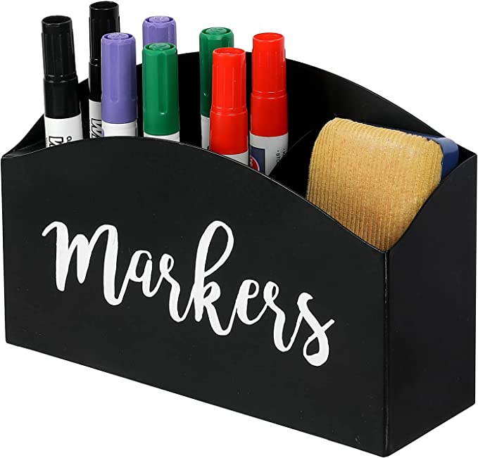 Wall Mounted Black Acrylic Dry Erase Marker Holder with White Cursive MARKERS Design-MyGift