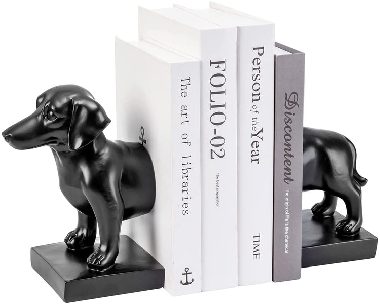 Black Resin Bookends Decorative Dachshund Design, Cute Dog Head and Tail Book Holders, 1 Pair-MyGift