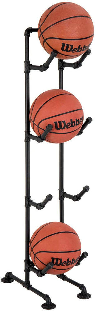 4-Tier Industrial Black Metal Pipe Indoor Outdoor Basketball, Volleyball, and Sports Ball Storage Organizer Rack-MyGift