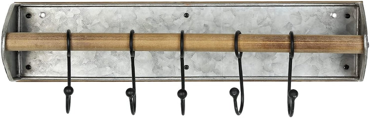 Galvanized Silver Metal and Brown Wood Wall Mounted Broom Hanger, Garden Tool Storage Rack with 5 Black Hooks-MyGift
