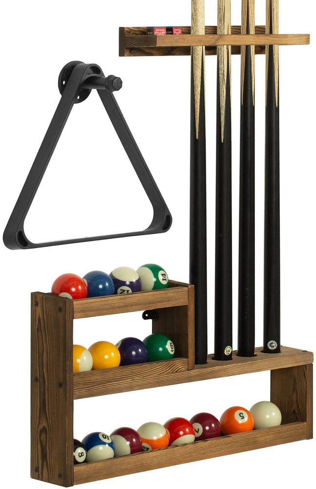 Pool Cue Rack Set, Burnt Wood Billiards Cue Stand Wall Mount Holder, Ball Storage with Pipe Triangle Rack Hanging Hook-MyGift