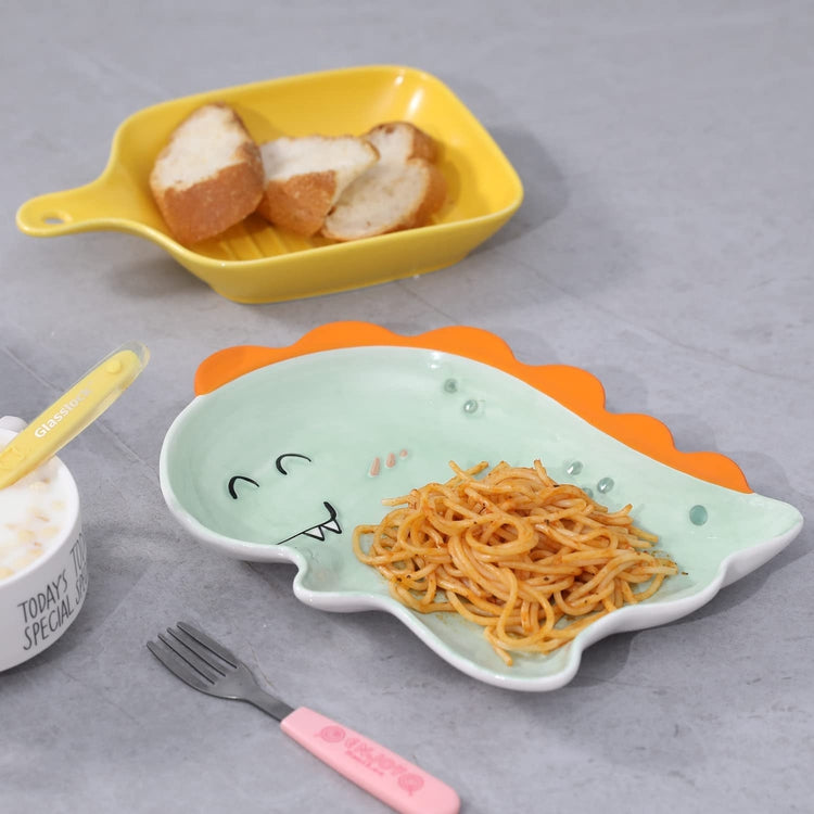 Baby Dinosaur Plate, Cute Turquoise and Orange Ceramic Dino Cartoon Serving Platter Tray-MyGift