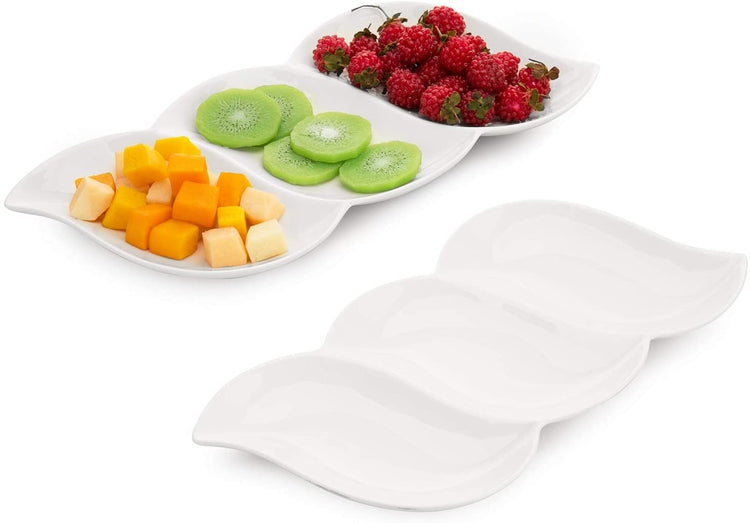 Set of 2, 3-Compartment Wave Design White Serving Tray, Ceramic Appetizer Platter-MyGift