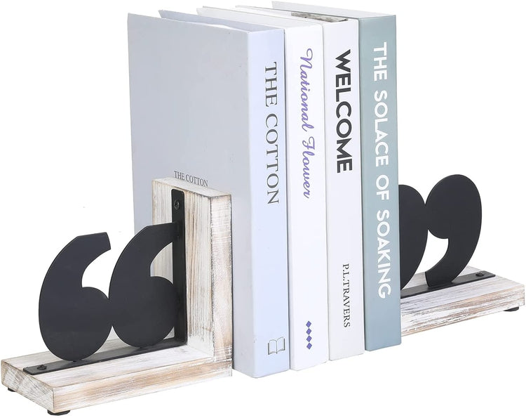 Whitewashed Solid Wood Bookends Decorative Desktop Book Stands with Metal Quotation Mark Design, 1 Pair-MyGift