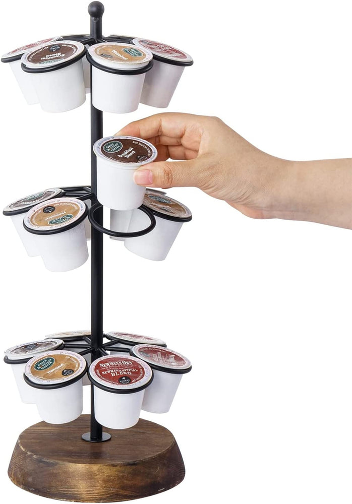 Round Tabletop Coffee Pod Holder, Wood and Black Metal Wire Coffee Station Organizer Stand, Holds 18 Pod Cups-MyGift