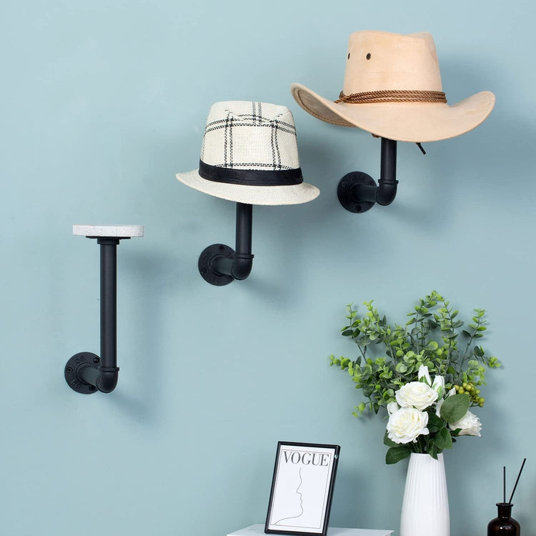 Set of 3, Hat Rack Wall Mount Industrial Black Metal Pipe and Whitewashed Wood Circular Form Wig Holder-MyGift