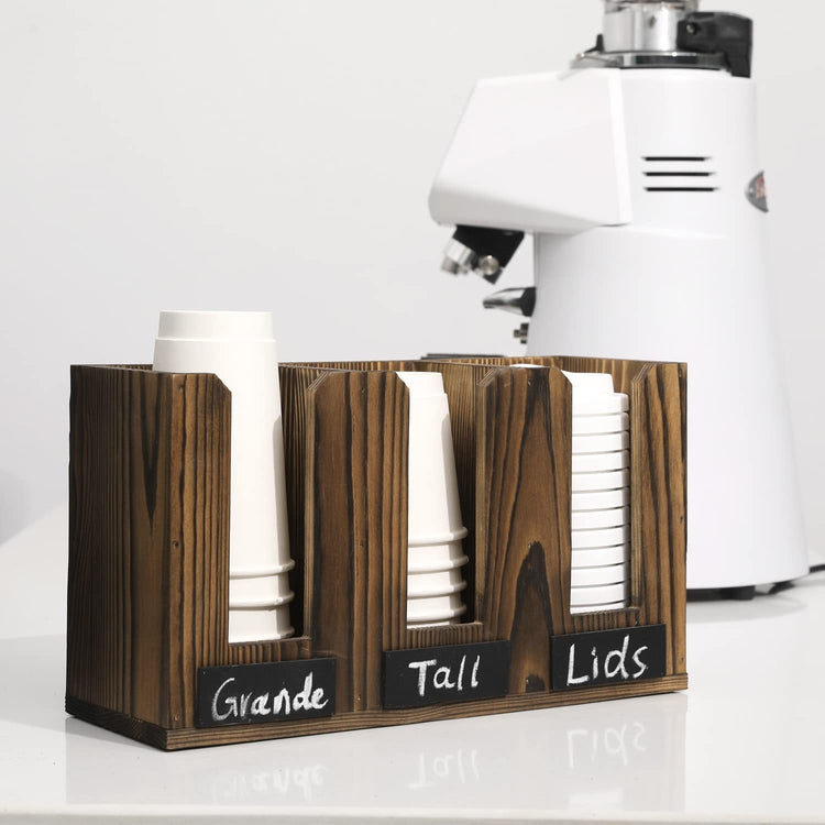 Burnt Wood Coffee To Go Cup Server Caddy with Chalkboard Labels, Wall Mounted or Countertop Drink Station Organizer Rack-MyGift