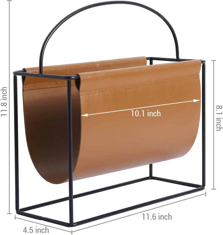 Magazine Holder with Industrial Black Metal Frame and Caramel Brown Leatherette Sling, Standing Storage Organizer-MyGift