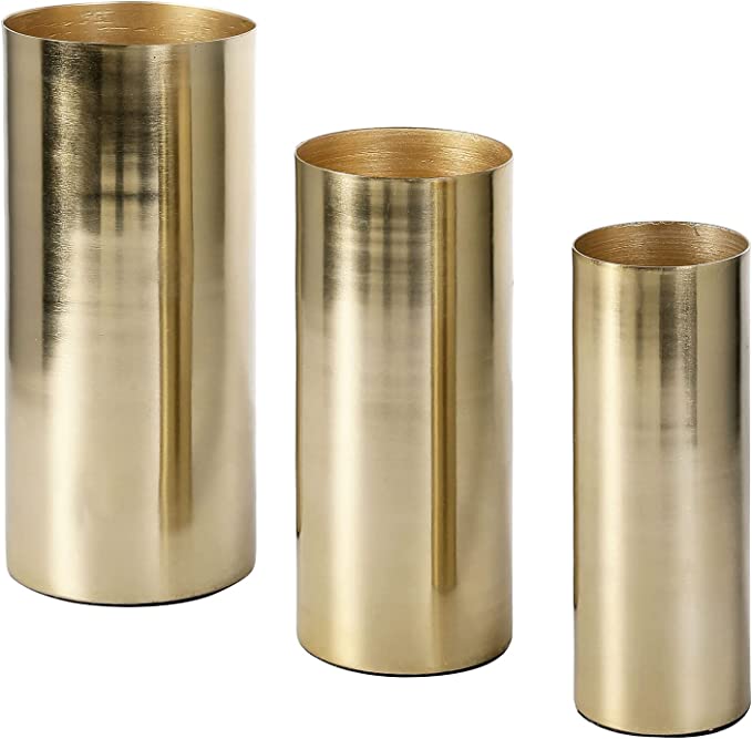 Modern Metal Flower Vase Set of 2, Tall Brass Tone Cylinder Centerpiece Flower Vases-MyGift
