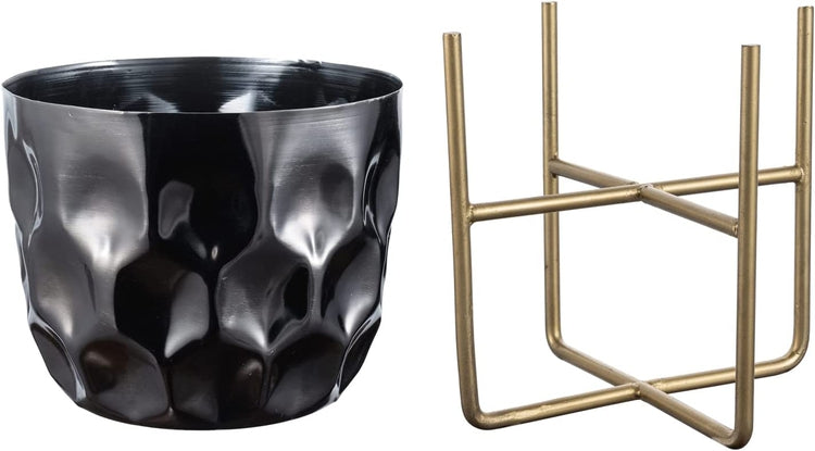 7 Inch Hammered Black Metal Flower Planter Pot with Gold Decorative Riser, Plant Pot with Display Stand-MyGift