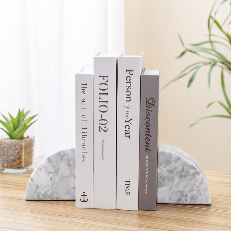 Set of 2, White Marble Bookends, Decorative Heavy Stone Rounded Design Non-Slip Book Stopper Bookends-MyGift