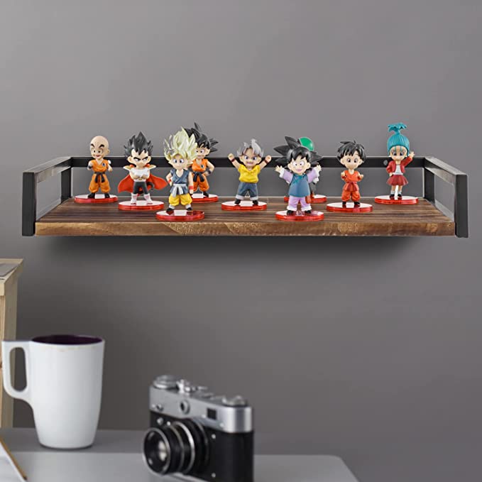 Burnt Wood Floating Shelf, Wall Mounted Collectible Display Rack with Black Metal Rails-MyGift