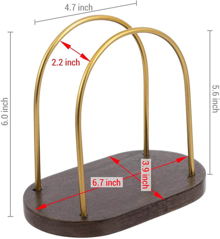 Mango Wood and Brass Tone Curved Metal Wire Paper Napkin Holder, Dining Table Upright Serviette Dispenser Rack-MyGift