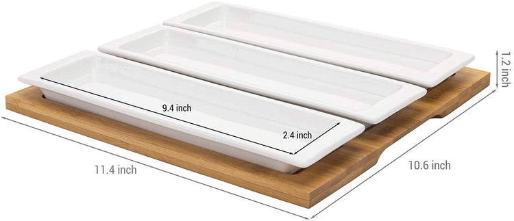 Rectangular White Ceramic Serving Platters on Natural Bamboo Tray-MyGift