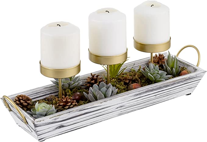 3-Pillar Candle Holder Centerpiece, Tabletop Candleholder with Artificial Succulent Plants-MyGift