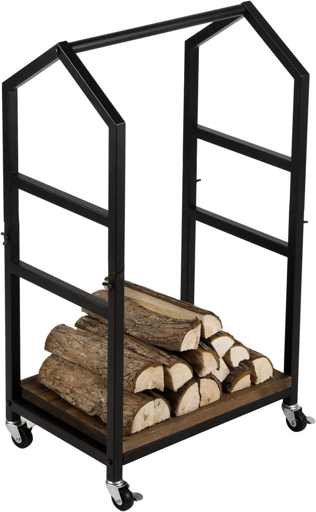 Industrial Firewood Cart in Burnt Wood and Black Metal Cottage Frame, Rolling Fire Log Lumber Holder Storage Trolley-MyGift