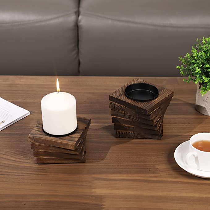 Burnt Wood Square Pillar Candle Holders with Black Metal Base, Set of 2-MyGift