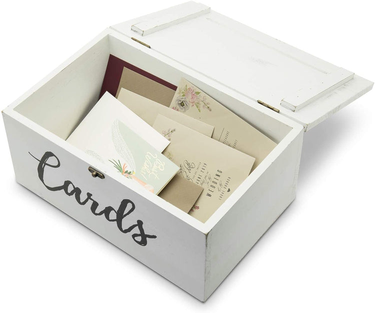 White Wood Wedding Card Holder Box with Slotted Lid and Antique Hinge Lock-MyGift
