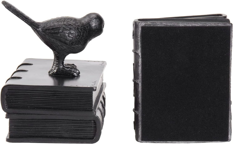 Bookends with Birds and Books, Matte Black Resin Book Supports, 1 Pair-MyGift