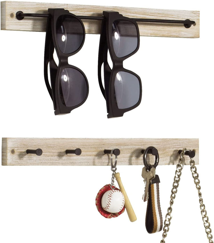Whitewashed Wood Wall Mounted Sunglasses Hanger Storage and Coat Hanging Rack, Rail and Hooks Combo Set-MyGift