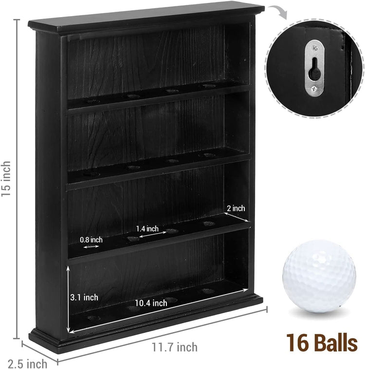 Tiered Golf Ball Holder, Wall Mounted Black Wood Golf Display Case Cabinet Shelf, Holds 16 Balls-MyGift
